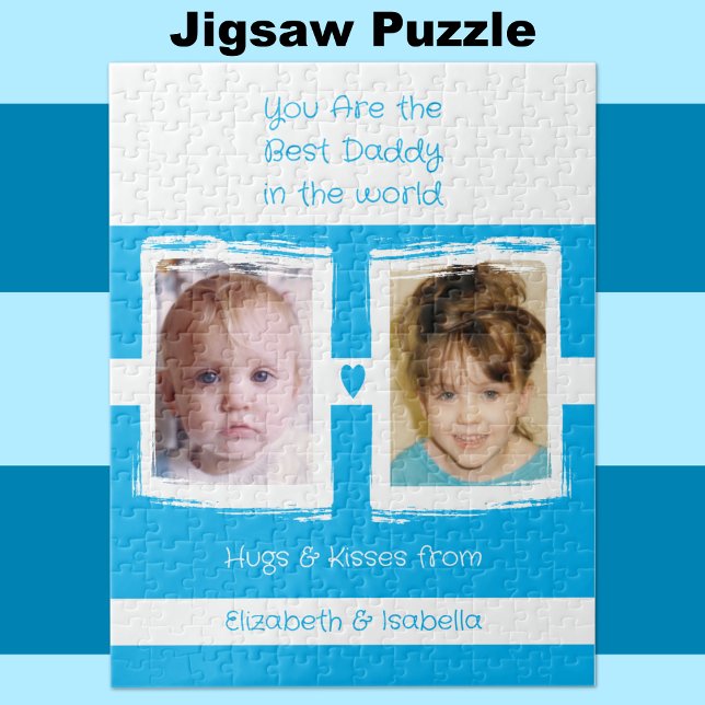 Best daddy 2 photos add names white blue jigsaw puzzle (Creator Uploaded)