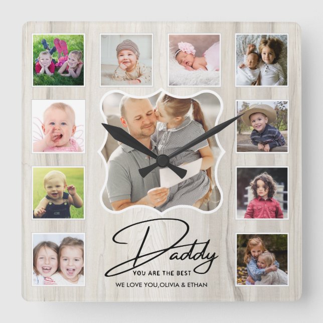 Best Daddy Ever 11 Photo Collage Rustic Wood Square Wall Clock (Front)