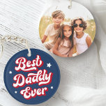 Best daddy ever dad father's day photo blue red key ring<br><div class="desc">Keychain featuring the text "Best daddy ever" in a retro font surrounded by white stars. On the back is a customisable photo template. Default colours are red,  blue and white but all colours can be customised in the design tool.</div>