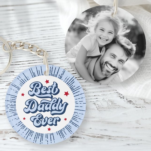 Best daddy ever photo blue retro fathers day key ring (Best daddy ever photo blue retro fathers day keychain)