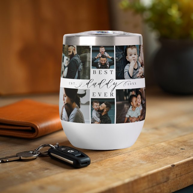 Best Daddy Ever Script Father's Day Photo Collage (Best Daddy Ever Script Father's Day Photo Collage Thermal Wine Tumbler)