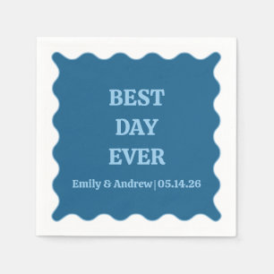 Best Day Ever Blue Chic Scalloped Custom Wedding  Napkin