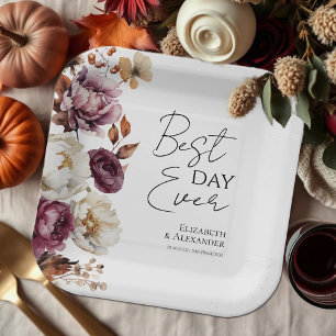 Best Day Ever   Burgundy Floral  Autumn Wedding Paper Plate