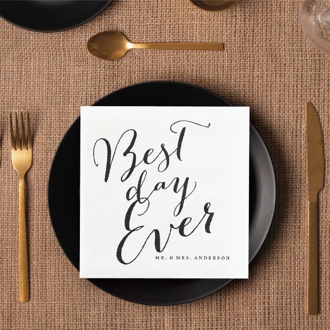 Best Day Ever Classic Script Calligraphy Wedding Napkin (BEST DAY EVER Classic Script Calligraphy Wedding Paper Dinner Napkins @ fatfatin_blue_knot)
