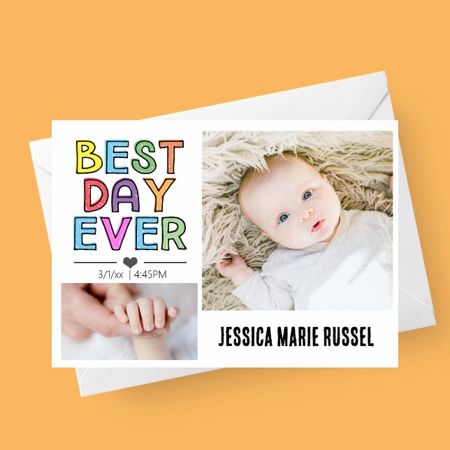 Best Day Ever Colourful Birth Announcement Card (best day ever colorful playful photo birth announcement card with two photos)