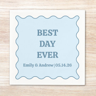 Best Day Ever Dusty Blue Scalloped Custom Wedding Napkin