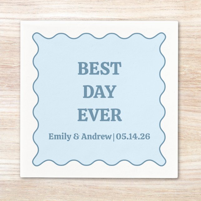 Best Day Ever Dusty Blue Scalloped Custom Wedding  Napkin (Creator Uploaded)
