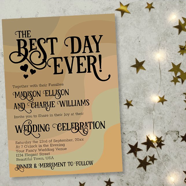 Best Day Ever Earthtone Retro Swirls Wedding Invitation (In Situ with Stars)
