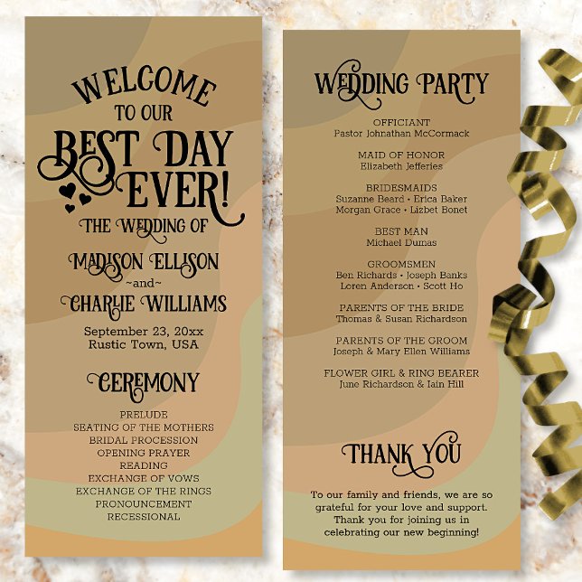Best Day Ever Earthtone Retro Swirls Wedding Programme (In Situ Front and Back)