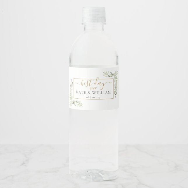 Best Day Ever Elegant Greenery Wedding Water Bottle Label (Front)