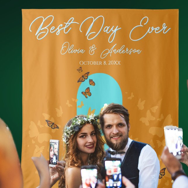 Best Day Ever Gold Aqua Monarch Butterfly Wedding Tapestry (Best Day Ever Fall Monarch Butterfly Wedding Photo Prop. Aqua Arch in gold flight of Monarchs.)