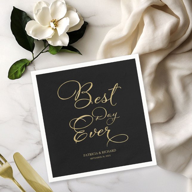 Best Day Ever Gold Faux Foil And Black Wedding Napkin (Creator Uploaded)