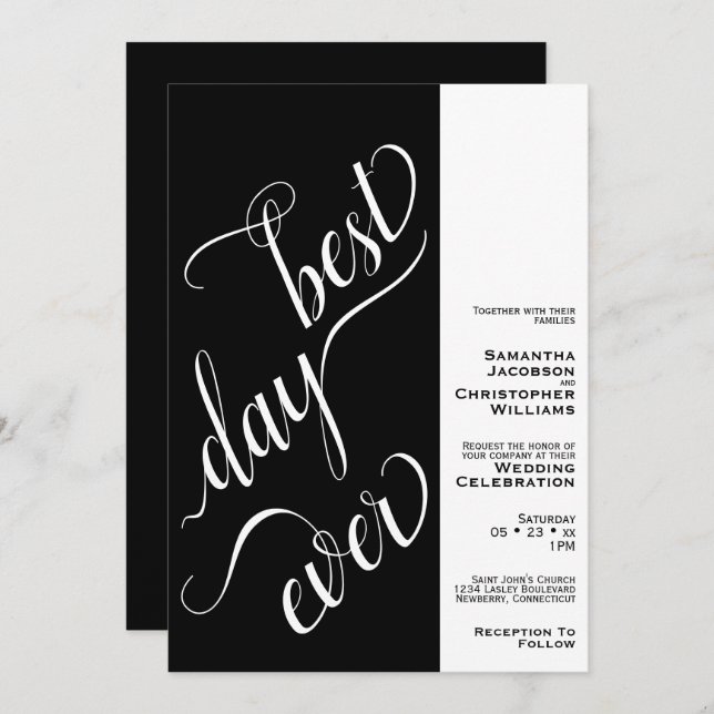Best Day Ever Minimal 2 Pane Black Wedding Invitation (Front/Back)