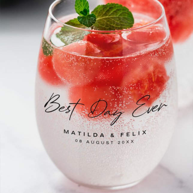 Best Day Ever Minimalist Clean Simple Wedding Day Stemless Wine Glass (Creator Uploaded)