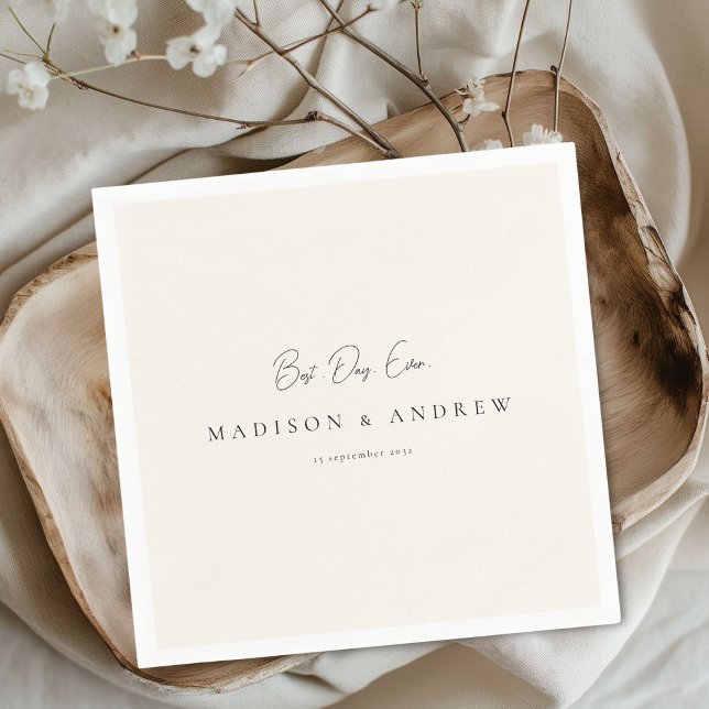 BEST DAY EVER! Modern, Minimal, Beige, Wedding Napkin (Custom BEST DAY EVER! Modern Minimal Beige Wedding Napkins with your names, date & text.)
