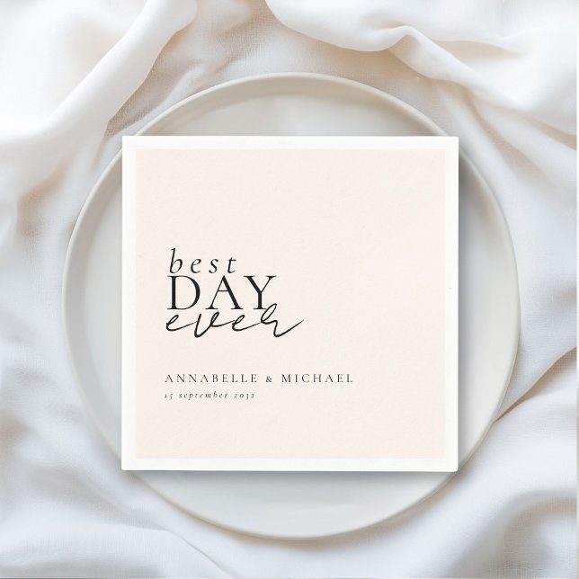 BEST DAY EVER! Modern, Minimal, Beige, Wedding Napkin (BEST DAY EVER! Modern, Minimal, Beige, Wedding Napkins with your name and date.)
