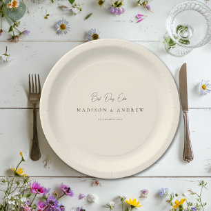 BEST DAY EVER! Modern Minimal Beige Wedding Paper Plate