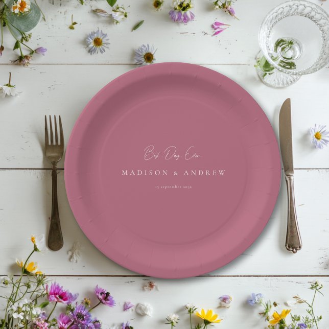 BEST DAY EVER! Modern Minimal Berry Wedding Paper Plate (BEST DAY EVER! Modern Minimal Wedding Paper Plates with your Name and date.)
