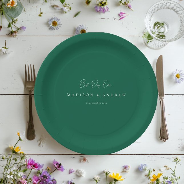 BEST DAY EVER! Modern Minimal Green Wedding Paper Plate (BEST DAY EVER! Modern Minimal Green Wedding Paper Plates with your Name and date.)