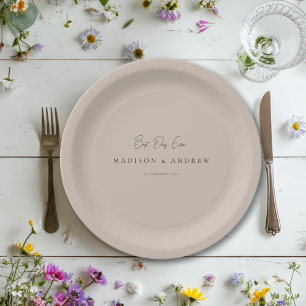 BEST DAY EVER! Modern Minimal Light Brown Wedding Paper Plate