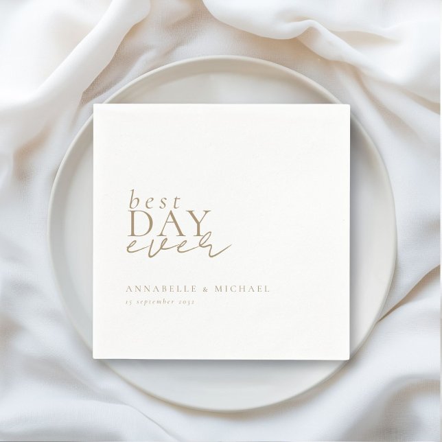 BEST DAY EVER! Modern, Minimal, White, Wedding Napkin (BEST DAY EVER! Modern, Minimal, White-Brown, Wedding Napkins with your name and date.)