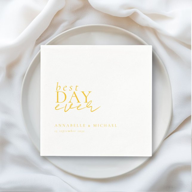 BEST DAY EVER! Modern, Minimal, White, Wedding Napkin (BEST DAY EVER! Modern, Minimal, White-Yellow, Wedding Napkins with your name and date.)