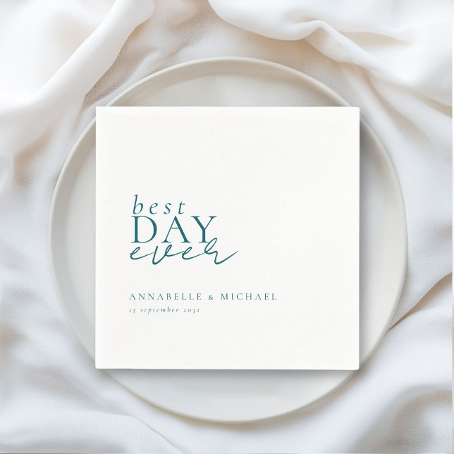 BEST DAY EVER! Modern, Minimal, White, Wedding Napkin (BEST DAY EVER! Modern, Minimal, White-Teal, Wedding Napkins with your name and date.)