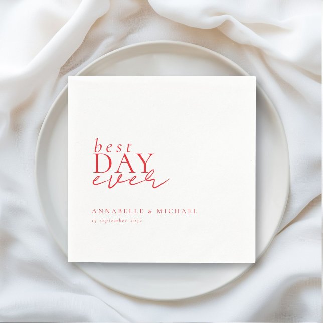 BEST DAY EVER! Modern, Minimal, White, Wedding Napkin (BEST DAY EVER! Modern, Minimal, White-Red, Wedding Napkins with your name and date.)