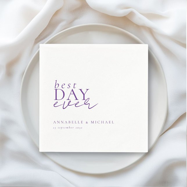 BEST DAY EVER! Modern, Minimal, White, Wedding Napkin (BEST DAY EVER! Modern, Minimal, White-Purple, Wedding Napkins with your name and date.)