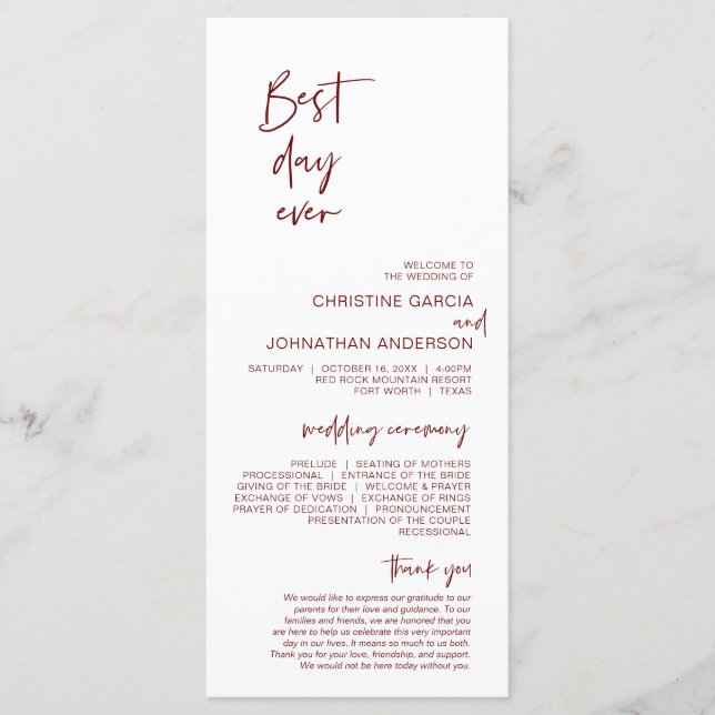 Best day ever, Modern Minimalist Burgundy Wedding Programme (Front)