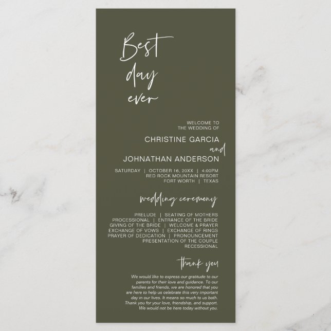 Best day ever, Modern Minimalist Olive Sage Green Programme (Front)