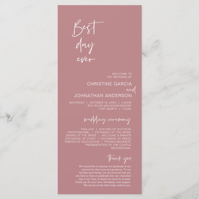 Best day ever, Modern Wedding Dusty Rose Programme (Front)