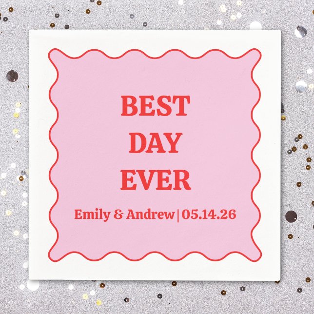 Best Day Ever Pink & Red Scalloped Custom Wedding  Napkin (Creator Uploaded)