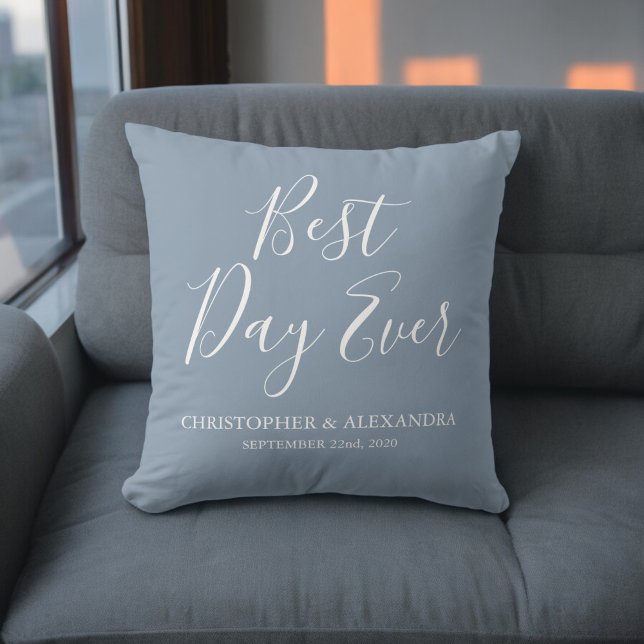 Best Day Ever Rose Dusty Blue Wedding Cushion (Creator Uploaded)