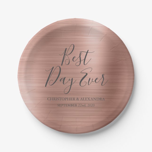 Best Day Ever Rose Gold Blush Pink Wedding Paper Plate (Front)