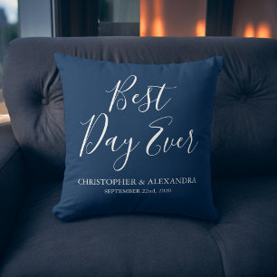 Best Day Ever Rose Navy Blue Wedding Cushion