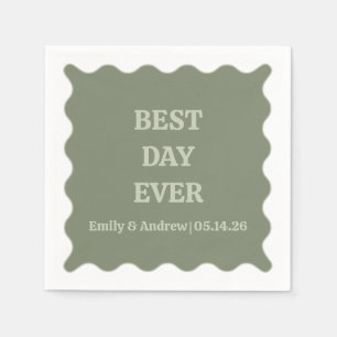 Best Day Ever Sage Green Chic Trendy Wavy Wedding Napkin