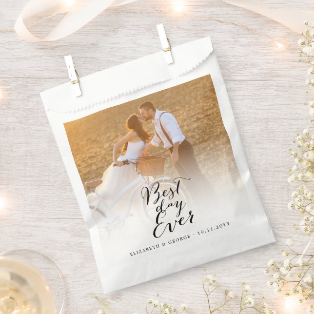 Best Day Ever Script Calligraphy Photo Wedding Favour Bags (Clipped)