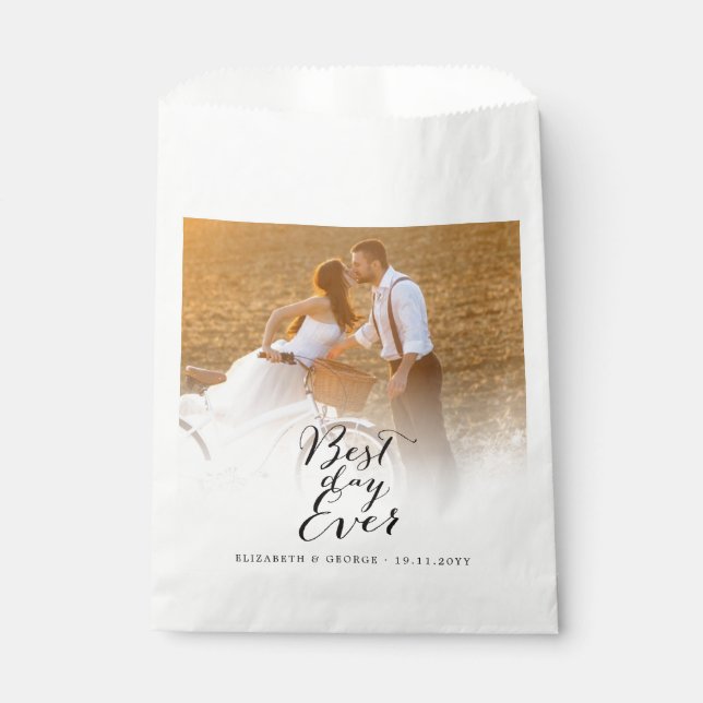 Best Day Ever Script Calligraphy Photo Wedding Favour Bags (Front)