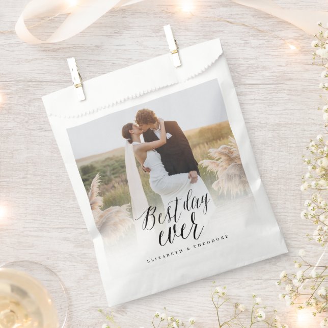 Best Day Ever Script Calligraphy Photo Wedding Favour Bags (Clipped)
