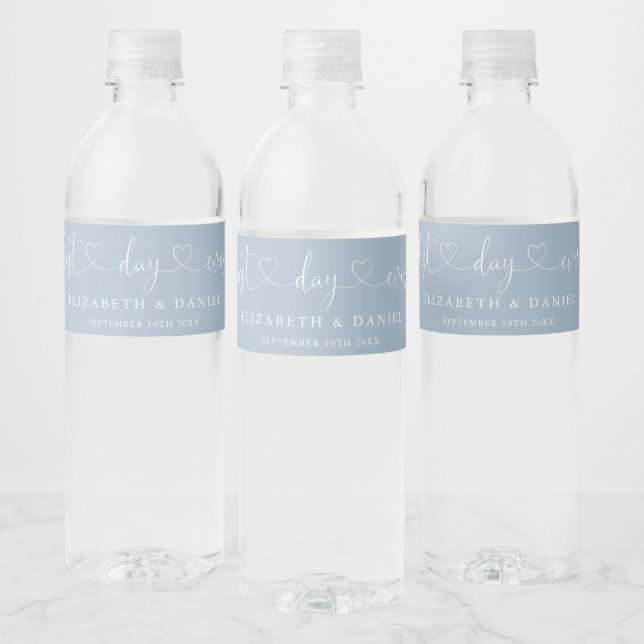 Best Day Ever Script Dusty Blue Wedding Water Bottle Label (Bottles)