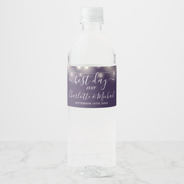 Best Day Ever String Lights Purple Wedding Water Bottle Label (Front)