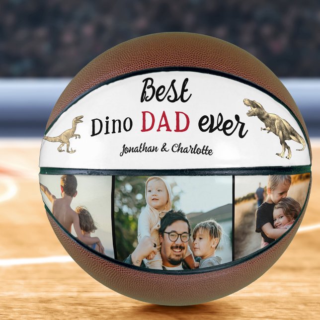 Best Dino Dad Ever Photo Collage Basketball (Best dino dad ever 3 photo collage kids names funny dinosaur theme personalized basketball keepsake)