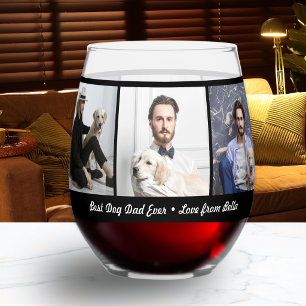 Best Dog Dad Ever Custom 3 Photo Collage Stemless Wine Glass