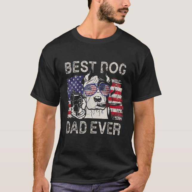 Best Dog Dad Ever Pitbull American Flag 4th Of Jul T-Shirt (Front)