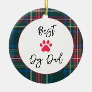 Best Dog Dad Love, Pet Name Paw Holiday Plaid  Ceramic Tree Decoration