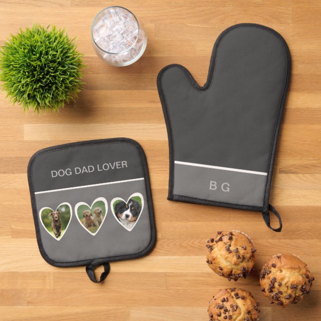 Best dog dad lover & 3 dog photo  oven mitt & pot holder set (Top Down)