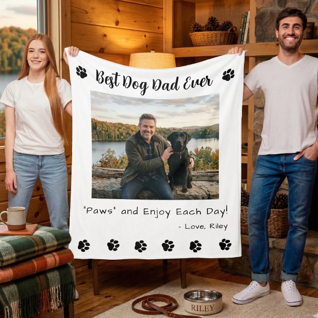 Best Dog Dad Paws Pet White Photo Fleece Blanket (Creator Uploaded)