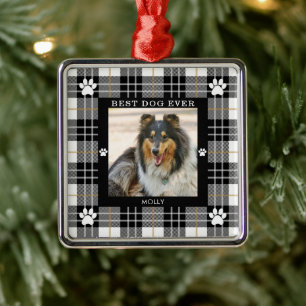 BEST DOG EVER Black White Tan Plaid Metal Tree Decoration