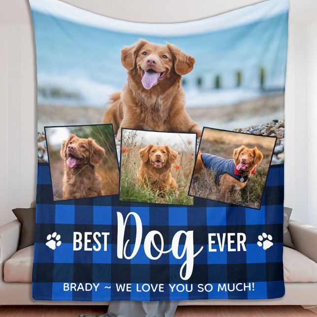 Best Dog Ever Blue Buffalo Plaid Photo Collage Fleece Blanket (Creator Uploaded)